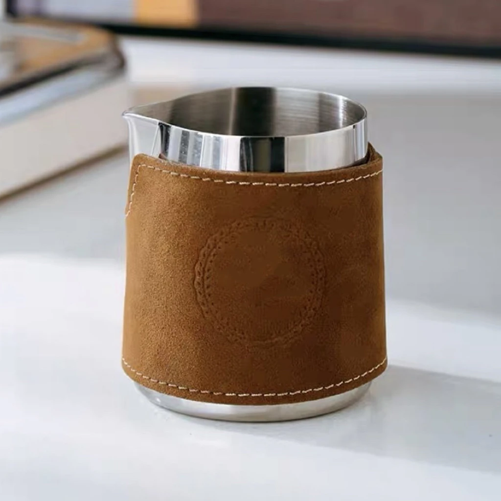 

350ml/600ml pointed stainless steel original color coffee pull flower cup with handmade black brown vintage leather case