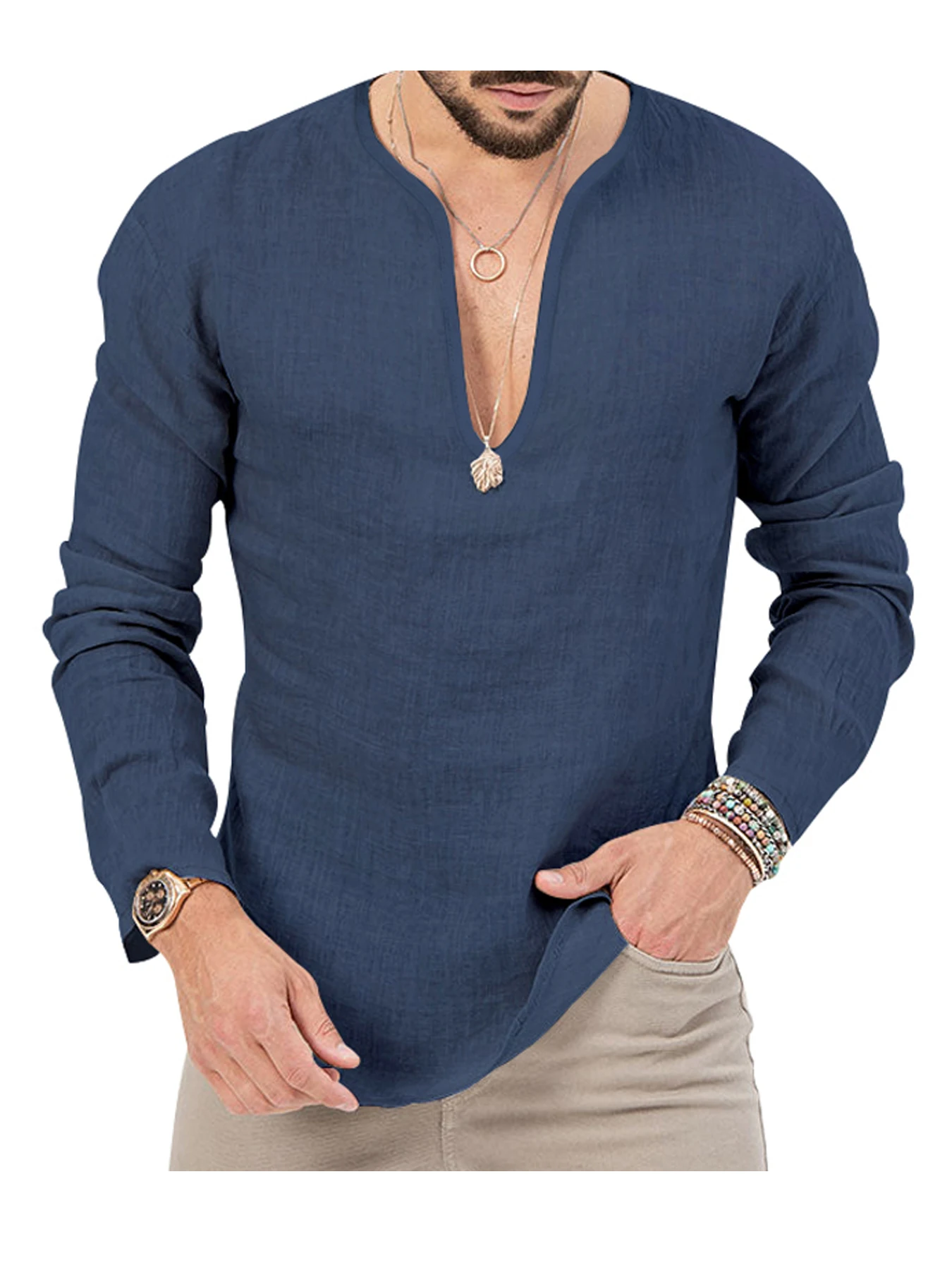 Men\'s Shirt Top V Neck Breathable Beach Shirt Long Sleeves Closure Regular Fit Solid Color Male Casual Shirt For Daily Vacation