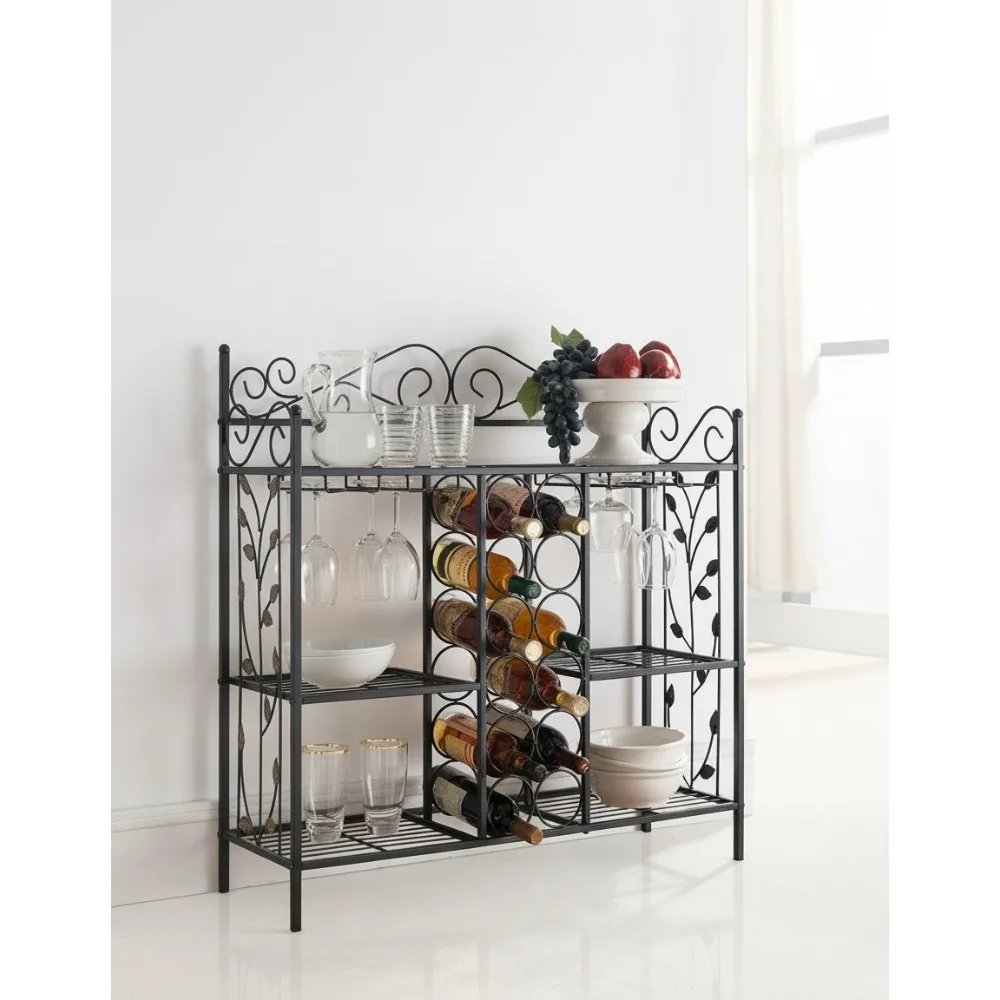 

Elegant Metal Console Table with Wine Rack, Glass Holder & Storage Shelves for Living Room Bar