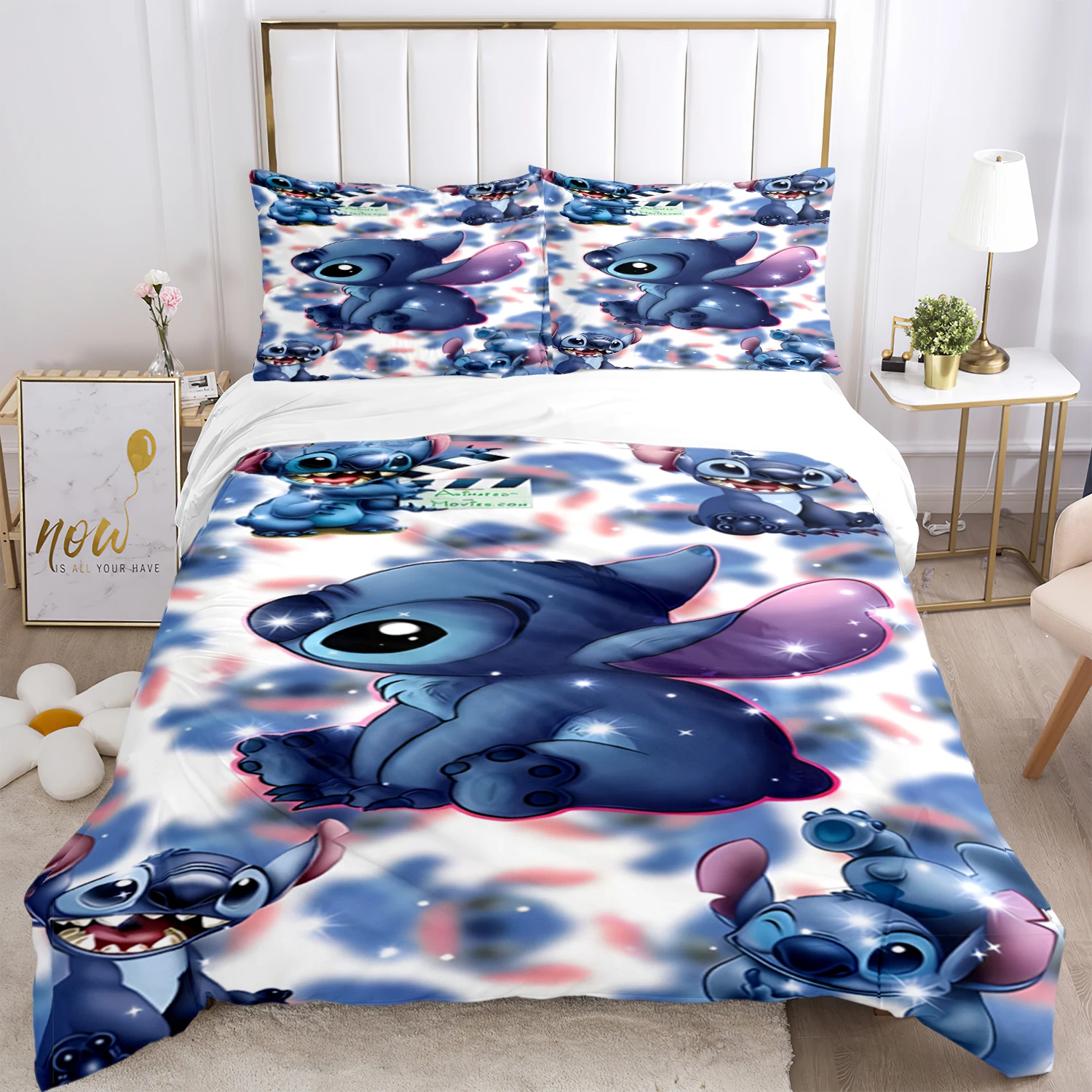 Disney-Parure de lit imprimée Stitch pour enfants et adultes, dessin animé mignon, article de mode, lit, housses de couette, taies d'oreiller, 3 pièces