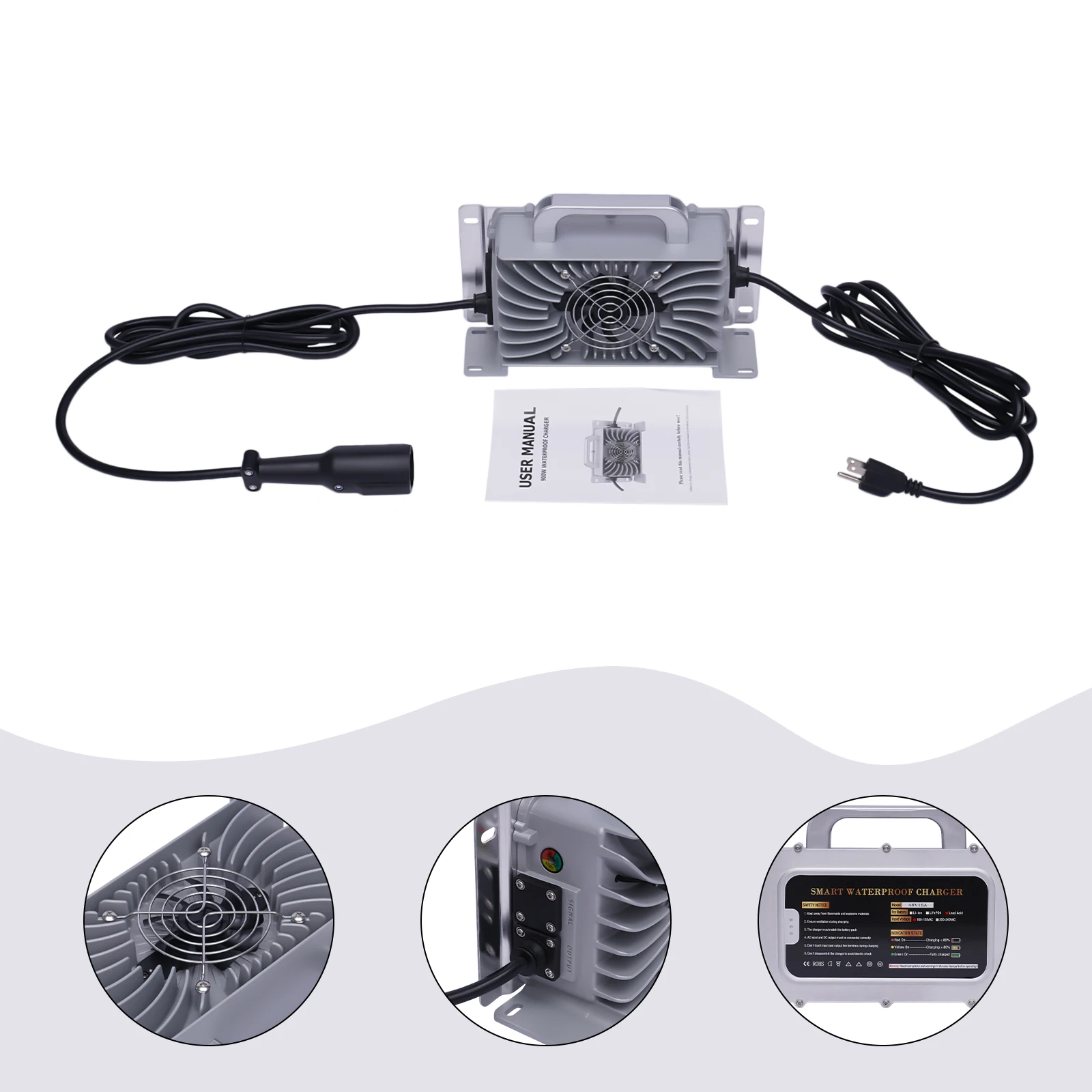 

48V 15A Battery Charger for Club Car Golf Cart, with 3 Pin Round Plug, IP67 Waterproof
