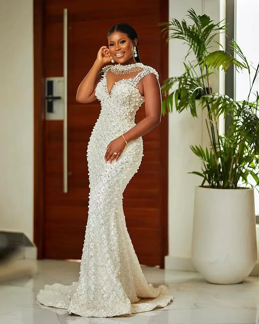 Arab Luxury Beaded Mermaid Wedding Dress Elegant Pearl Sleeveless  Bride Dress Wedding Party Dress Customized