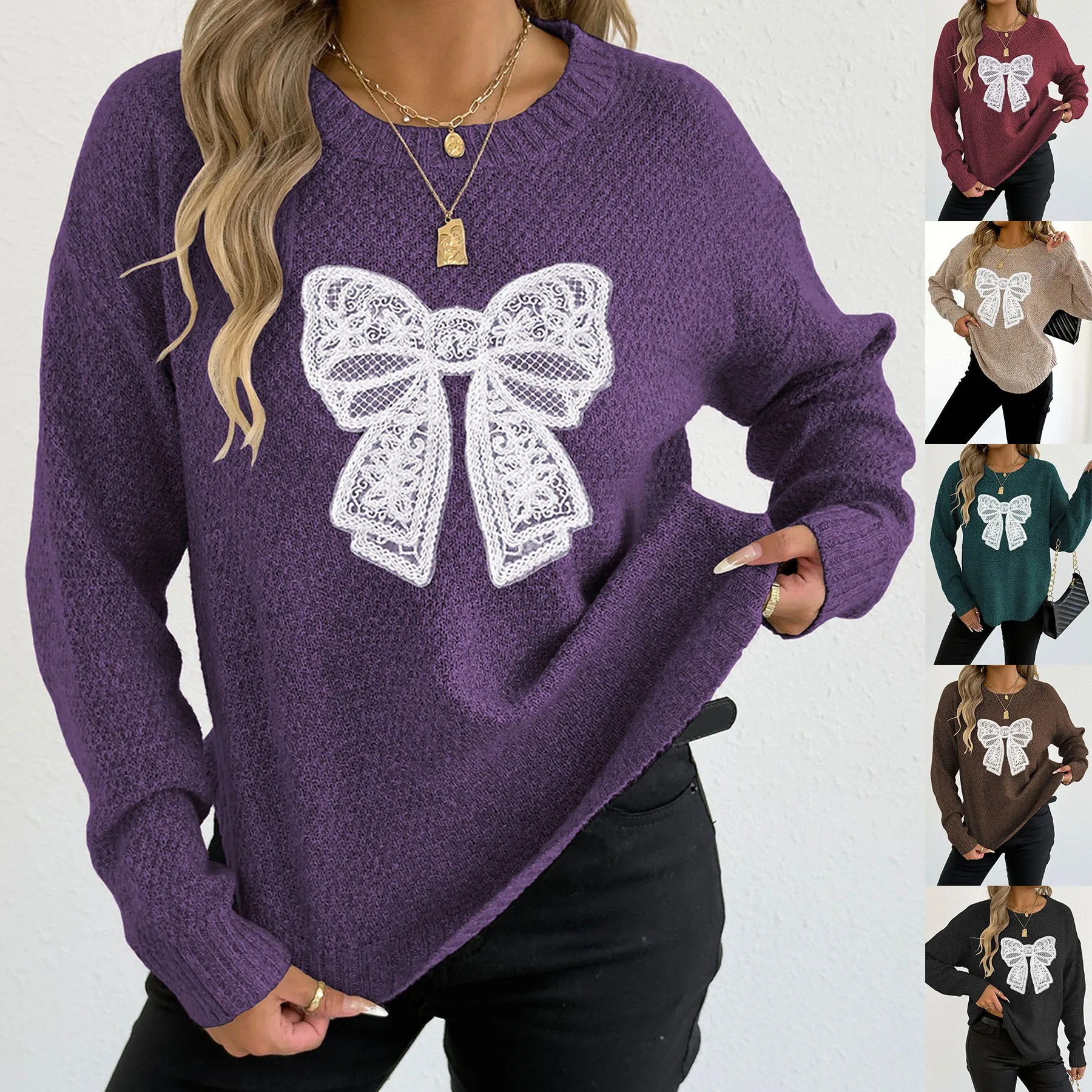 

Осень-зима круглый Ne Overhead irt трансграничный вязаный кружевной тканый свитер Hine Street Sle...