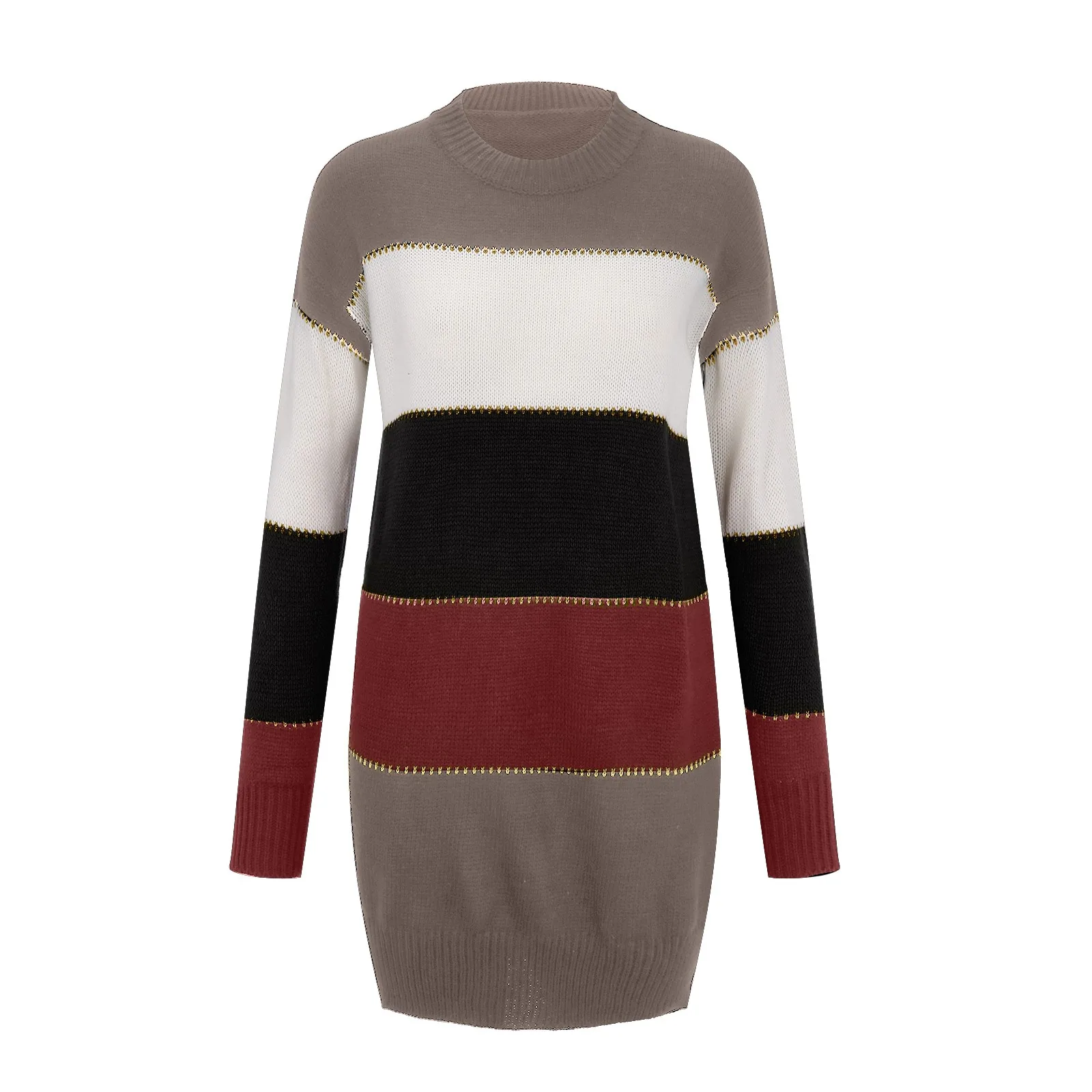 Elegant Stripe Patchwork Women Knitted Mini Dress Spring Autumn Long Sleeve O-Neck Sweater Dresses Warm Loose Pullovers Vestidos