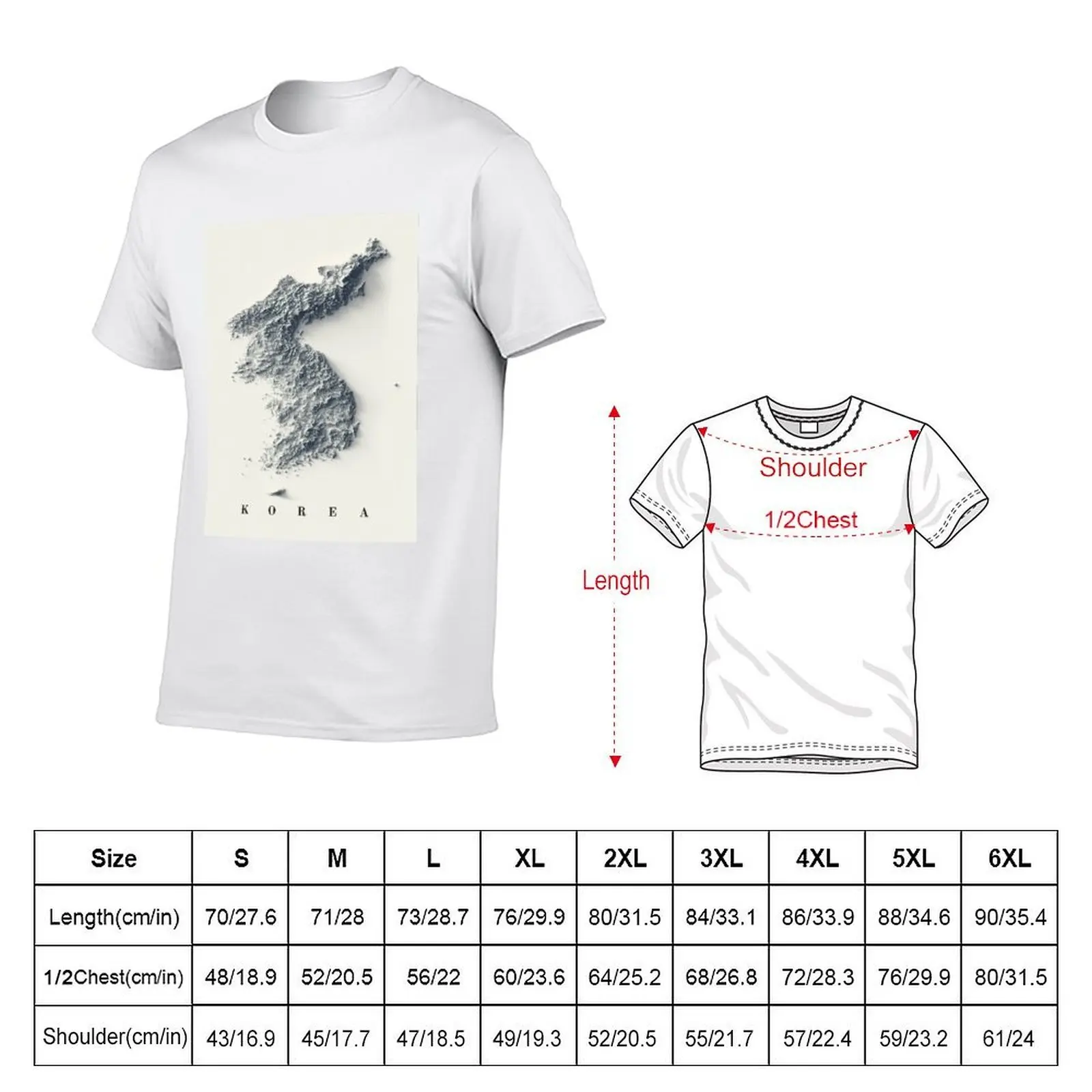 North and South Koreas Relief Map 3D digitally-rendered T-Shirt Work Short Sleeve Cotton Top