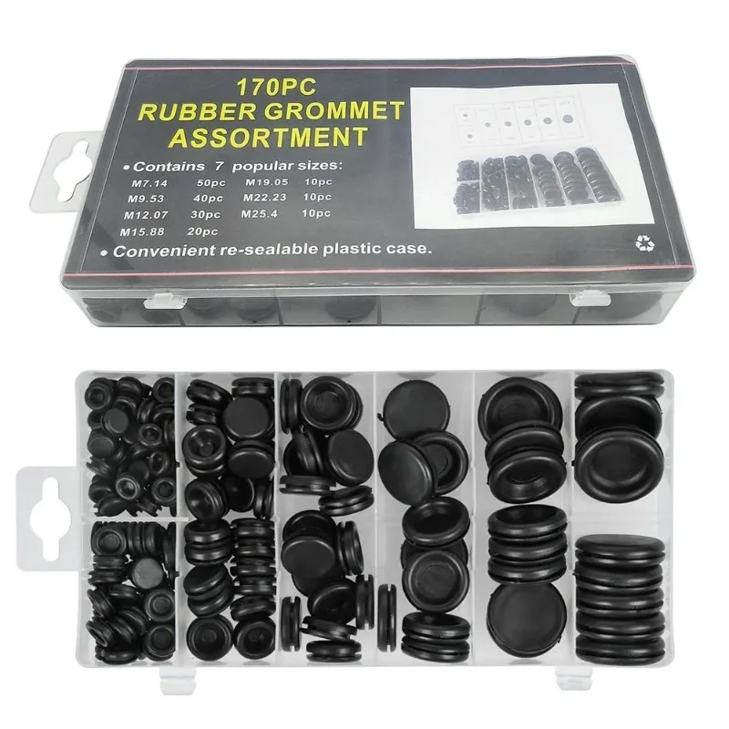 Firewall Hole Plug Retaining Ring Set Car Electrical Wire Gasket Kit for Valve Water Pipe Tools Set 170pcs Black Rubber Grommet