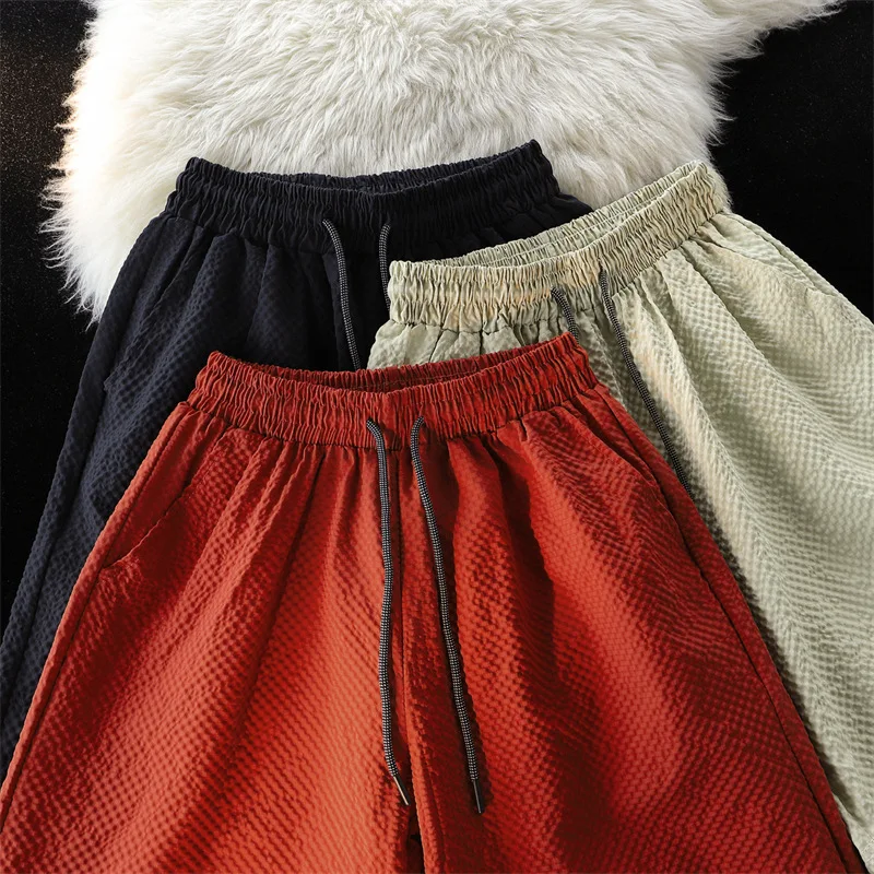 Hmsevenjz Summer Loose Pleated Ice Silk Shorts for Men's Straight Leg Wide Leg Elastic Waist Quick Drying Thin Beach Pants