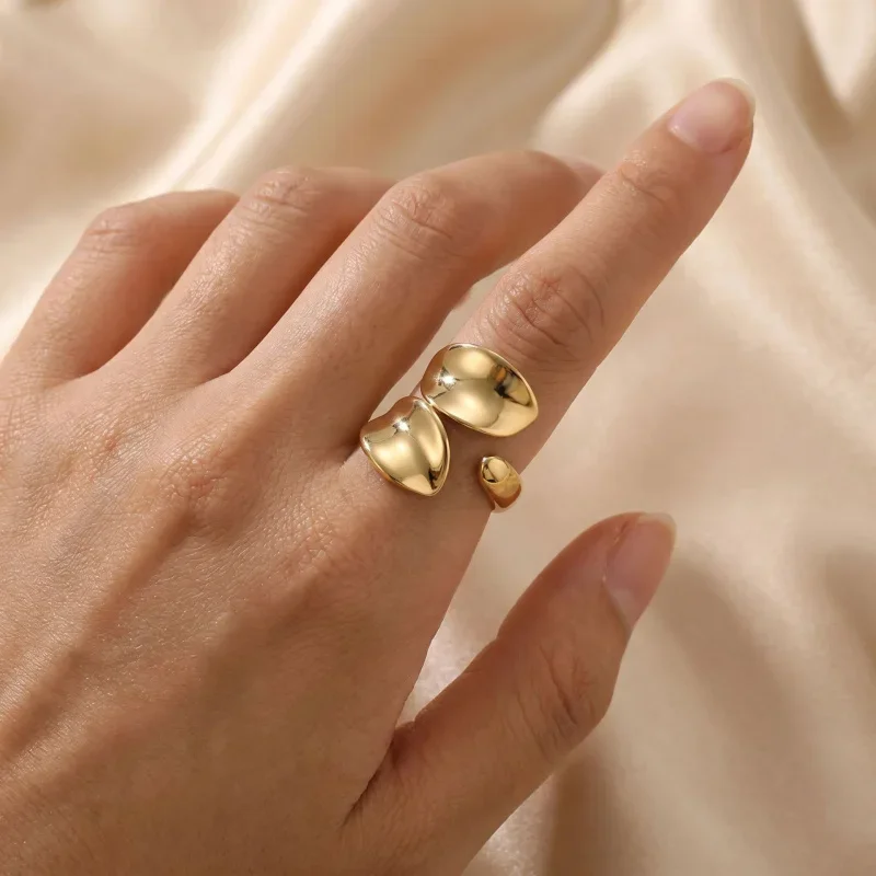 Twist Organic Open Cuff Ring for Women, Gold Plated Stainless Steel Abstract Irregular Statement Adjustable Finger Jewelry Gift