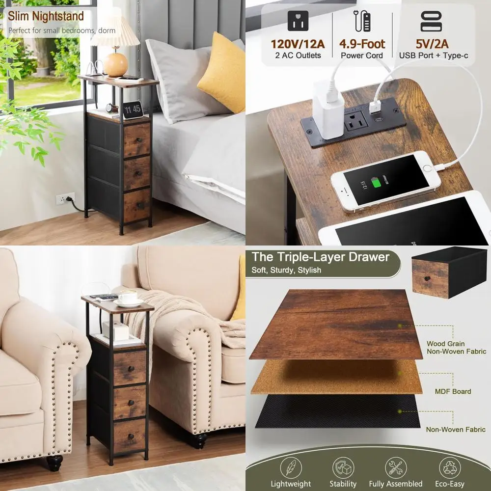 

Brown Slim End Table with Charging Station for Living Room and Bedroom, Fabric Drawer Nightstand for Small Spaces