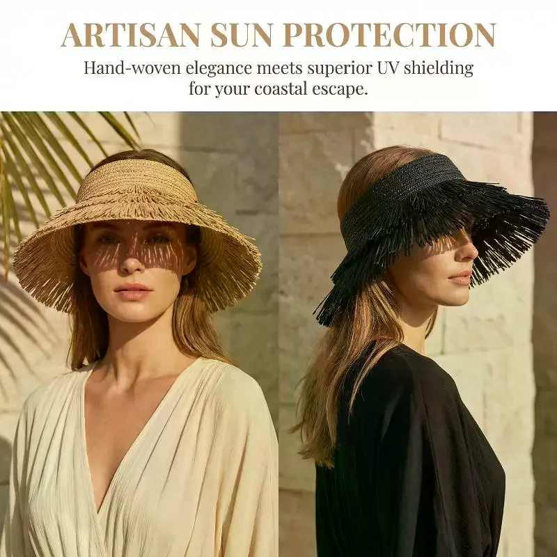 Chapéu de Palha Feminino da Moda para o Verão, Chapéu de Sol Aberto na Parte Superior, Proteção UV, Chapéu de Praia
