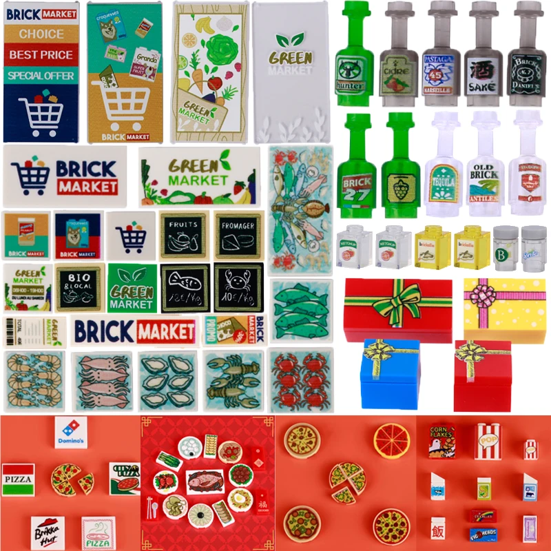 City Building Blocks Printing MOC Supermarket Seafood Vegetable Reunion Dinner Food Post Office Bricks Halloween Gift Box Toys