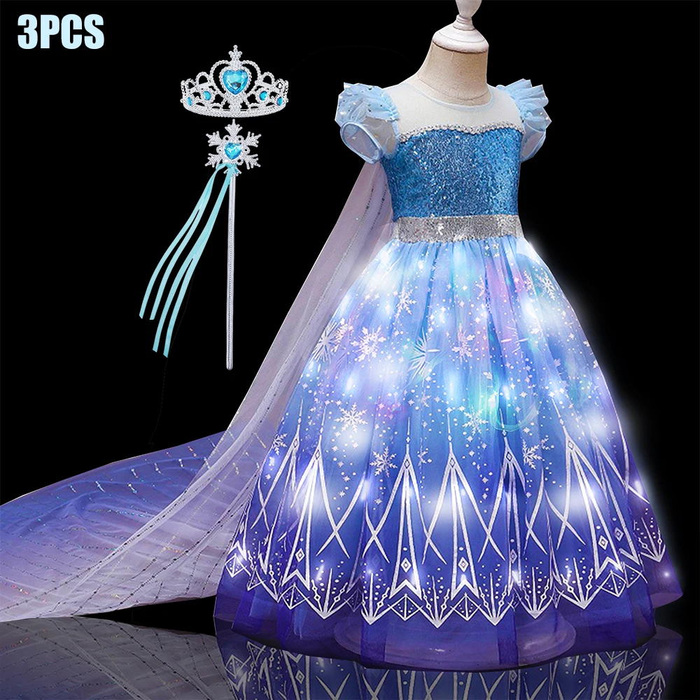 Kids Copslay Elsa LED Light Up Costume Girls Birthday Party Role Playing Princess Dress with Cape Fancy Carnival Halloween Dress - view 3