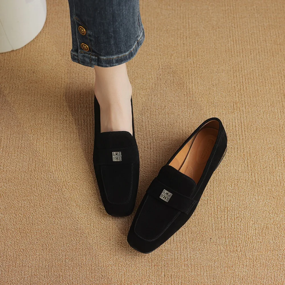 2024 New Women\'s Suede Loafers Brown Square Toe Flat Shoes For Women Genuine Leather Shallow Mouth Commuter Daily Casual Shoes