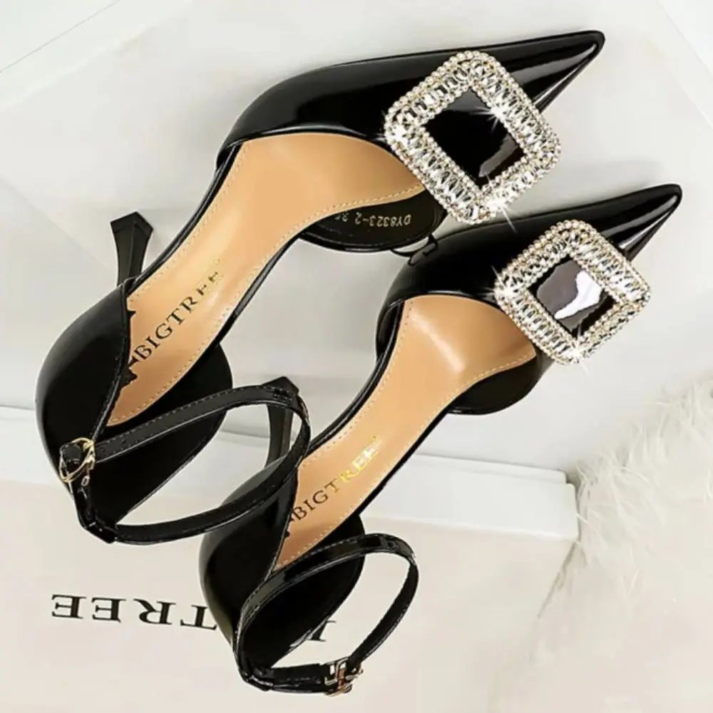 

BIGTREE модная простая женская обувь на высоком каблуке, женская обувь с квадратными стразами и пряжкой, украшенные и полые сандалии для свадебной вечеринки