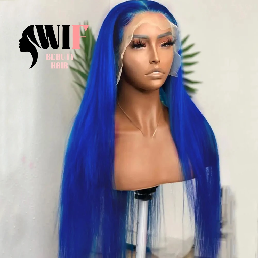 WIF Blue Hair Cosplay Synthetic Wig Long Silk Straight Sapphire Blue Colored Lace Front Wigs Heat Fiber Daily Makeup Blue Hair