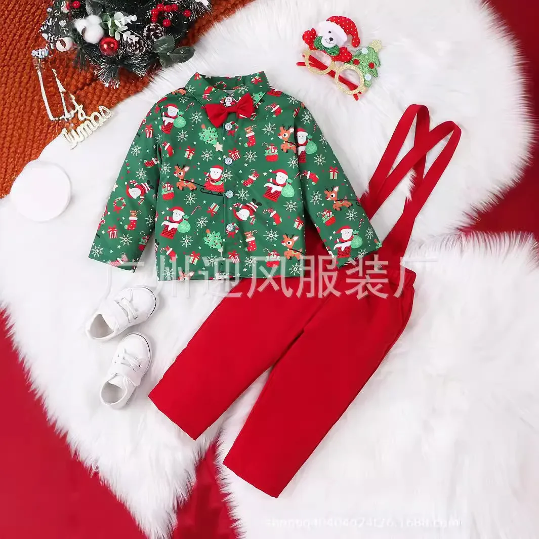 New Boys Set for Children Tie Short Sleeved Shirt Top Rompers Christmas Costumes Childrens Holiday Costumes