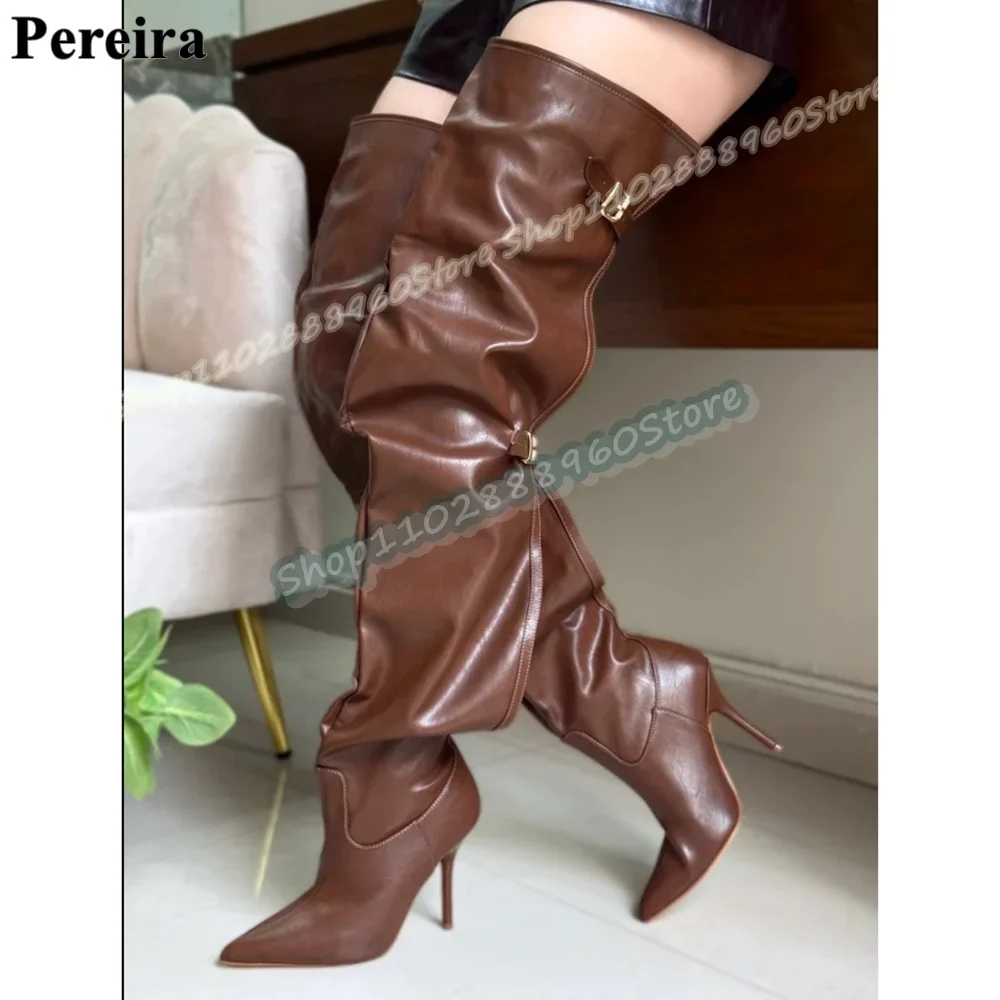 

Plus Size Thigh High Brown Soft Leather Boots Western Style Thin High Heel Women Shoes Buckle Strap Pointed Zapatos Para Mujere