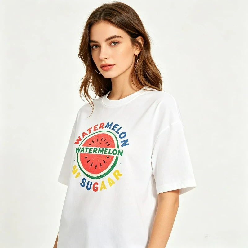 Watermelon Sugar Women T-Shirt, Cute Fruit Slogan Graphic Tee, Aesthetic Casual Top for Summer Daily Streetwear Black White Tops