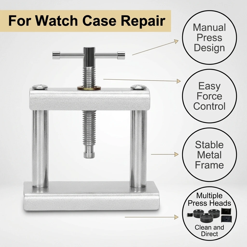 Professional Benchtop, Watch Repair Pressing Tool Set With T-Handle Screw-In Case Press, Non-Damaging Dial And Case Back Press.