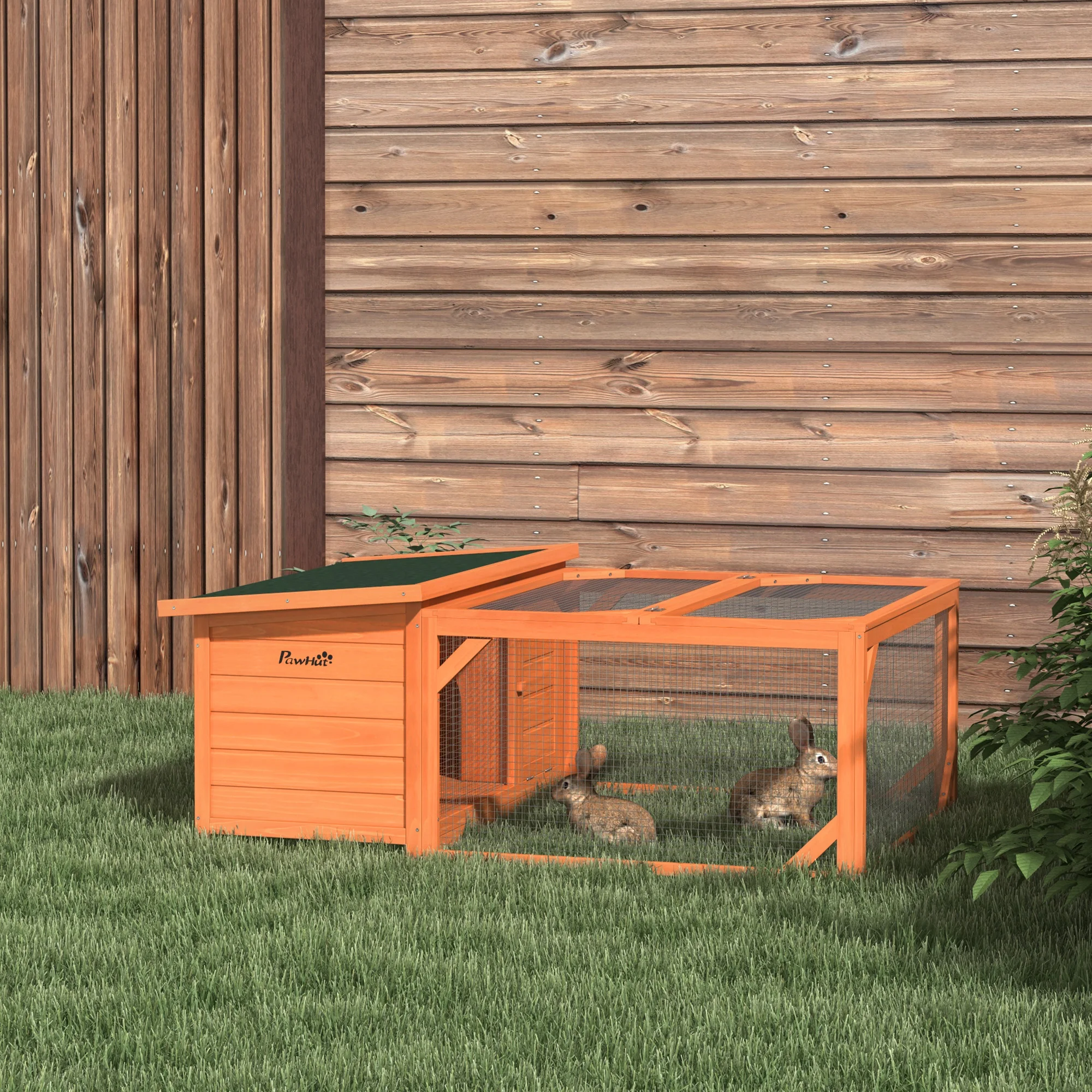PawHut Wooden Rabbit Hutch with Openable Roof