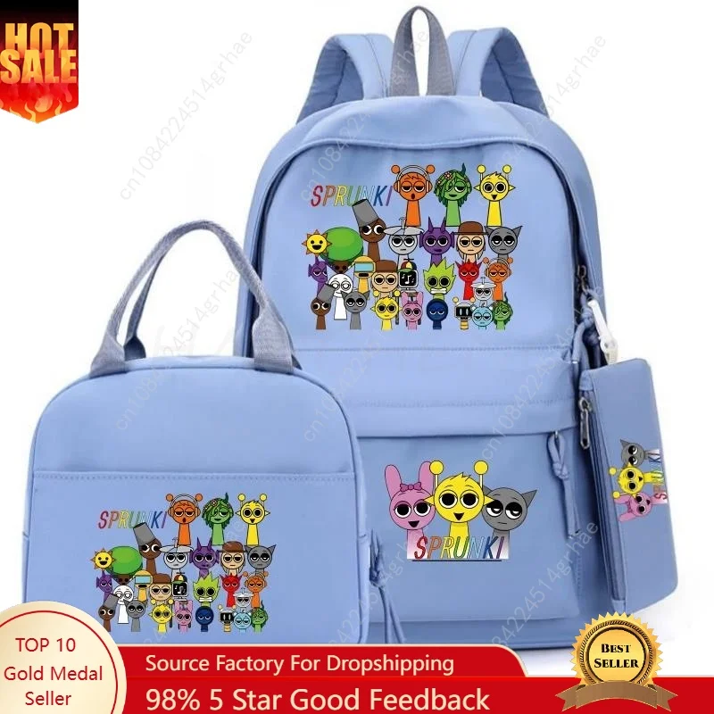 New Sprunki 3Pcs/set Student Boy Girl Schoolbag Colorful Backpack Teenager Cartoon School Bookbag with Lunch Bag Gift
