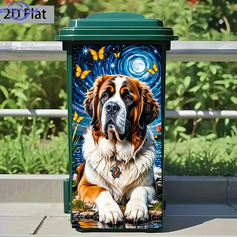 of Trash Can Sticker Measuring Featuring a Design of a Moonlit Holy Dog Gazing, Suitable for Wall Decoration, Self-Adhesive Wa