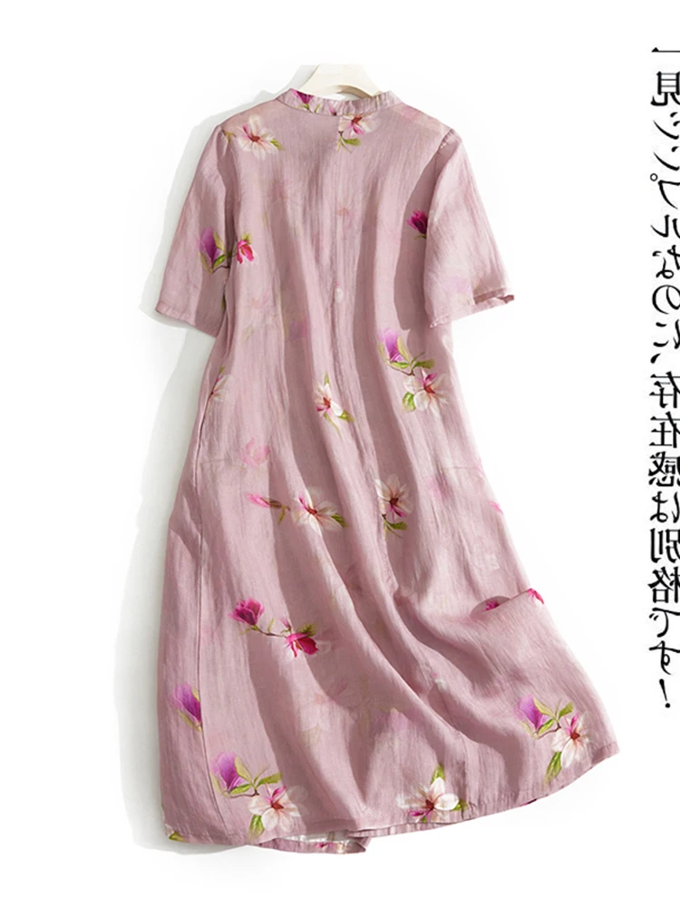 Retro Sle Spliced Print Hemp ort Sve Dr Large Size Women's Vintage  Skirt Commute Sle A-Line Dr