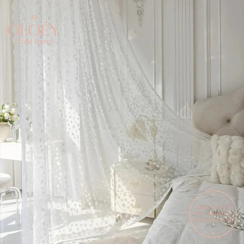 

French Jacquard Lace Sheer Curtains for Bedroom Living Room Pastoral Four Leaf Clover Design Rod Pocket Top Large Size Drapes