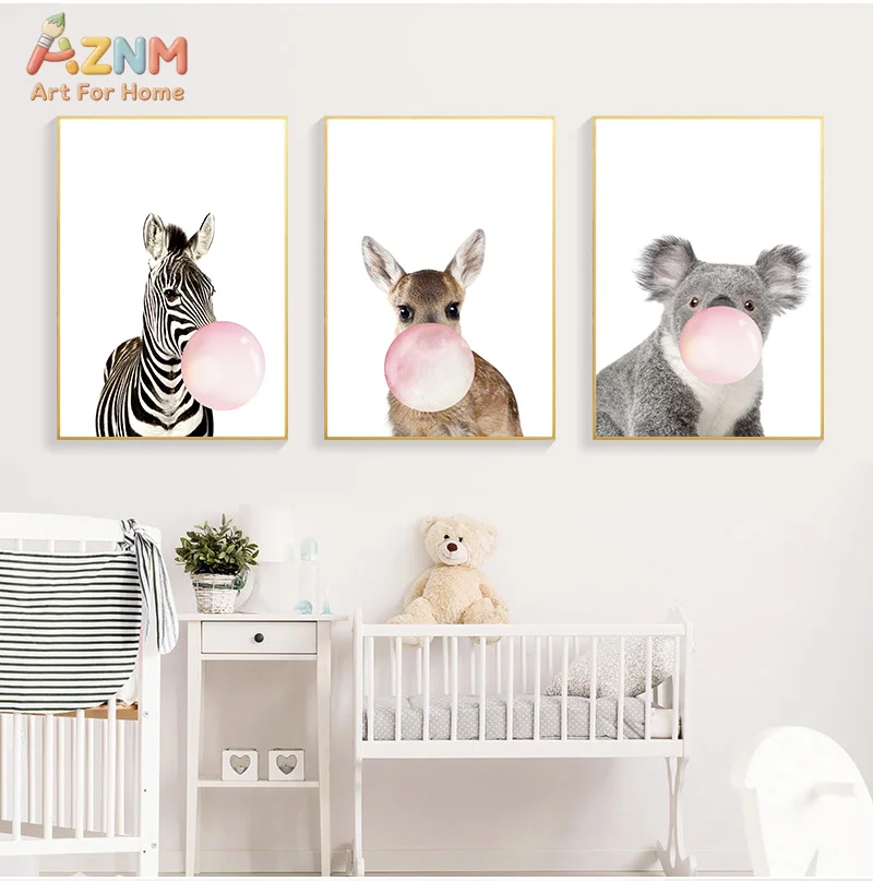 Bubble Chewing Gum Giraffe Zebra Animal Posters   Canvas Art Painting Wall Art Nursery Decorative Picture Nordic Style Kids Deco