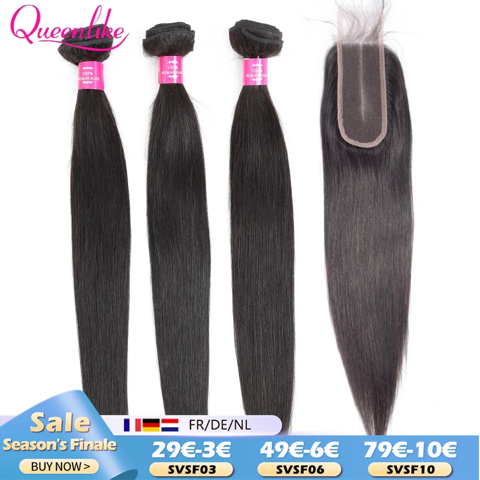 Queenlike Straight Human Hair Bundles with Closures Brazilian Raw Hair Weave Bundles With 2x6 Deep Kim Closure And Bundles