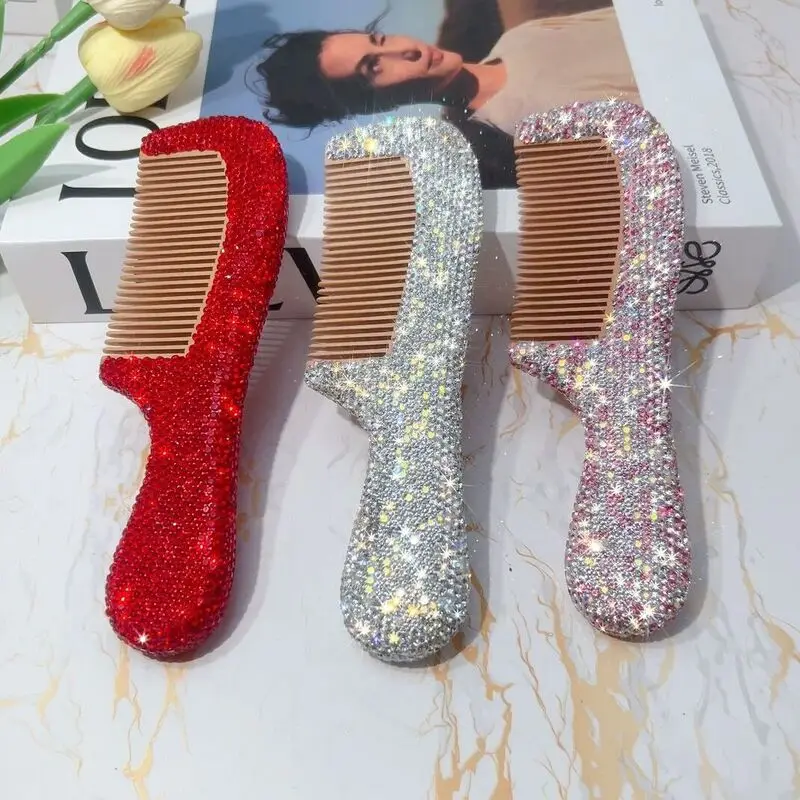 Diamond-embellished Compact And Thickened Hair Portable Large-sized High-value Peach Wood Comb, Light Luxury Diamond-embellished