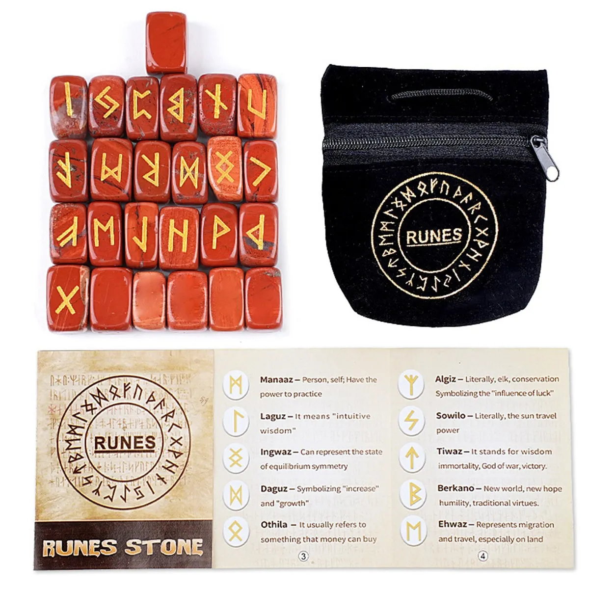 Elder Futhark Runes Crystal Stones Set Engraved Rune Symbols Witch Divination Meditation Velvet Draws Pouch 25PCS/Bag
