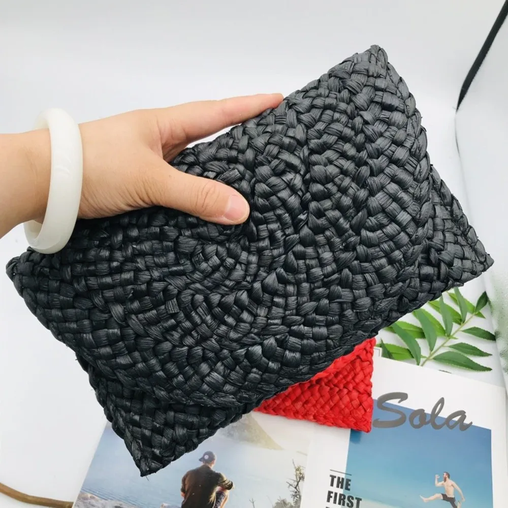 

Gift Solid Color Corn Husk Bag Simple Design Eco-Friendly Weave Clutch Bag Trendy Bohemian Large Straw Purse Casual Wear