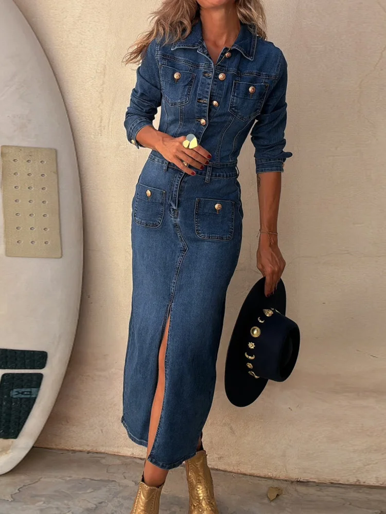 Denim Style Solid Patchwork Party Dress, Women Autumn Turn-Down Collar Simple Maxi Dress, 2025 Long Sleeve Fashion Ladies Dress