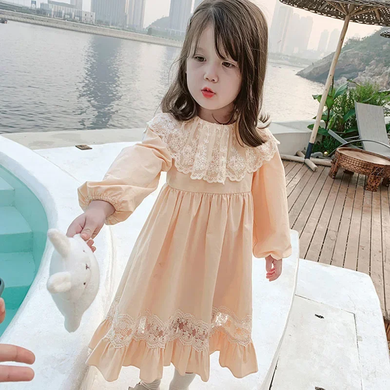 Cute Spring Girls Casual Dresses Lacy Border Long Sleeves Dress Solid Color Kids Clothes