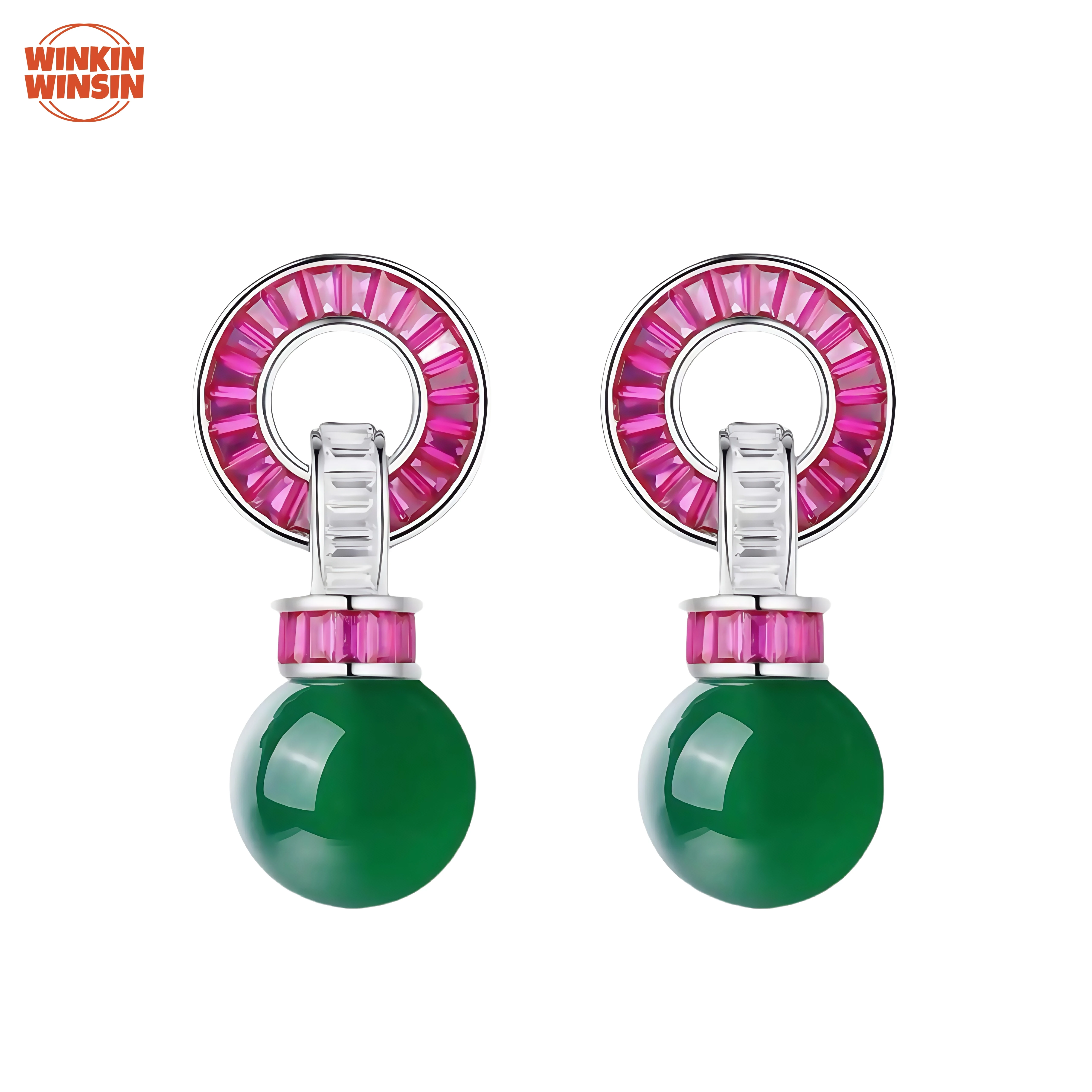 

Winkin Winsin Luxury Woman 925 Sterling Silver Jewelry Natural Green Chalcedony Agate Earrings Lab-Grown Ruby Gemstones Earrings