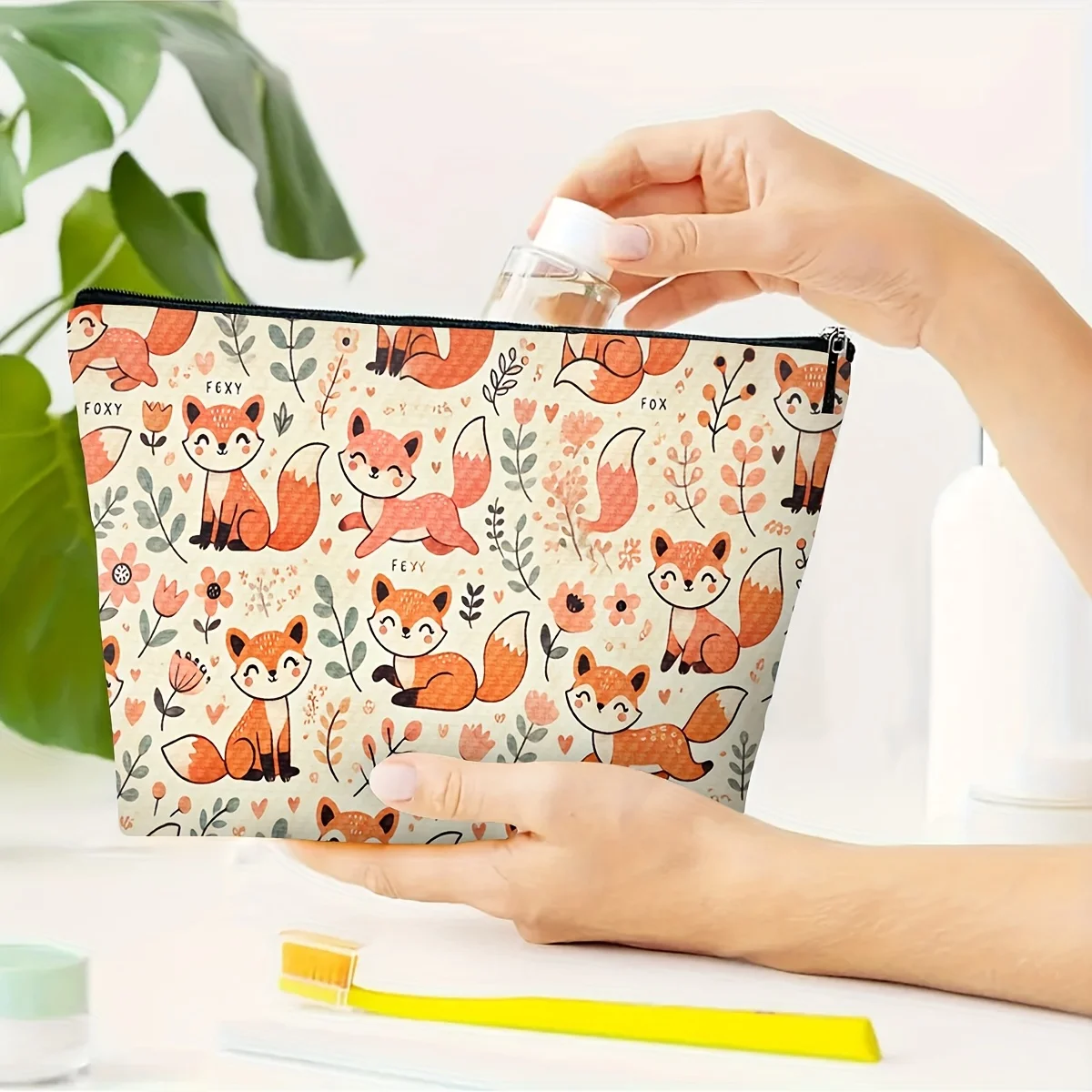 かわいいキツネと花のメイクアップバッグ - かわいい多機能ジッパーポーチ、ジュエリー収納バッグ、旅行に最適な小さなジッパー収納バッグ