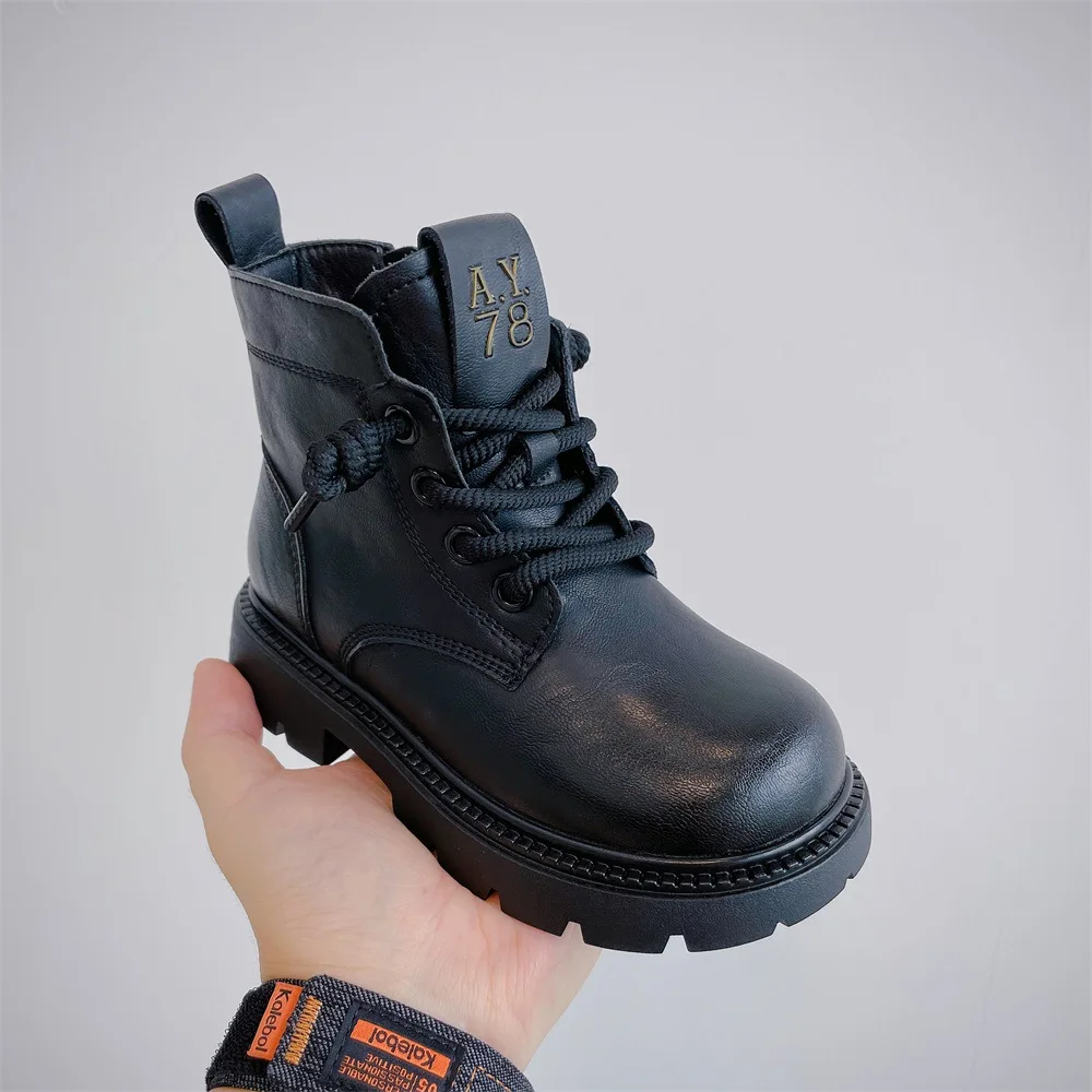 Boots Children Solid Boots for Girls Kids Autumn and Winter Thick Bottom Non-slip Ankle Boots for Boys Side Zip Derma Boots