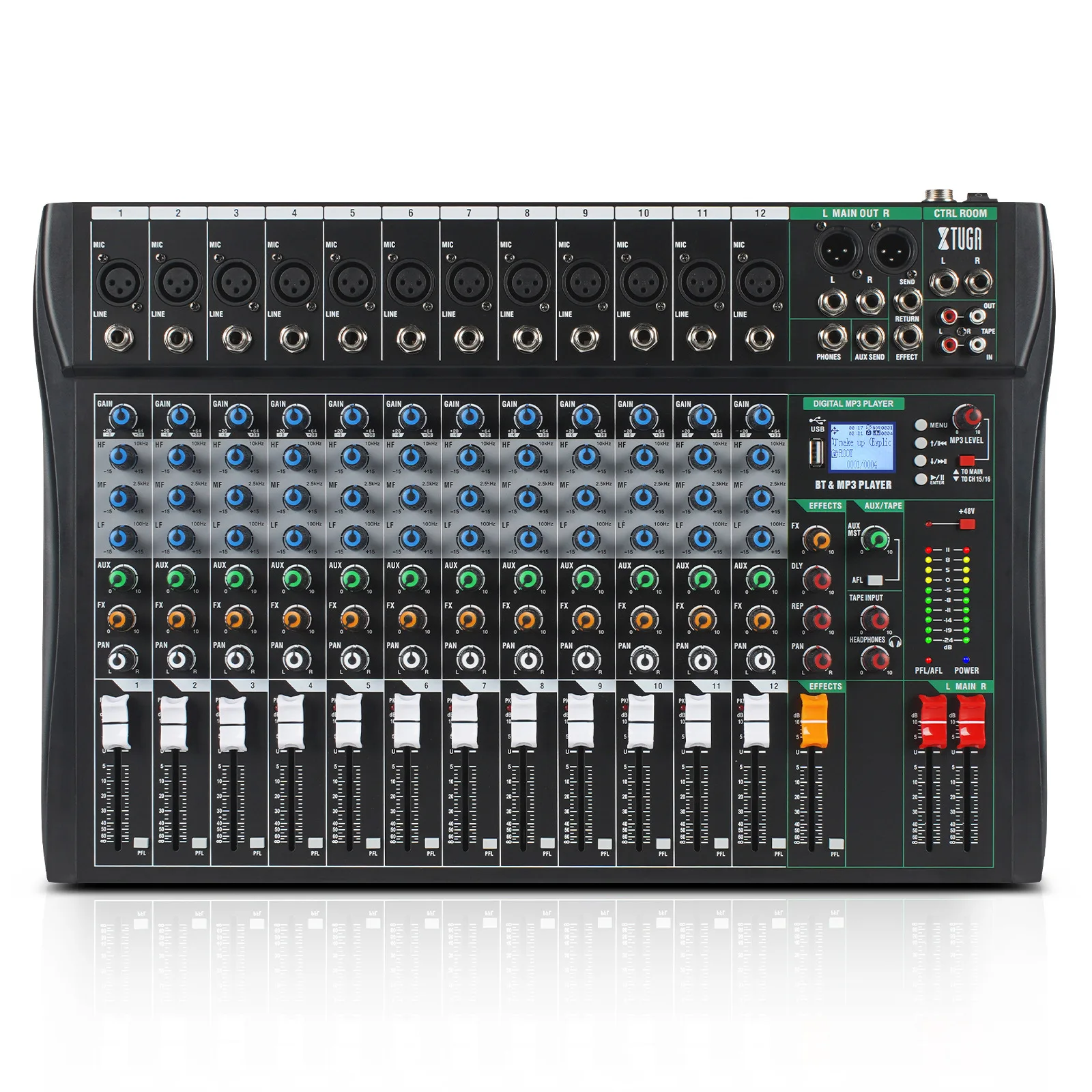 

CT120 Professional 12-way Audio Mixer with Reverb 48V Bluetooth Playback Sound Mixer Real-time Monitoring 3-segment Equalizer