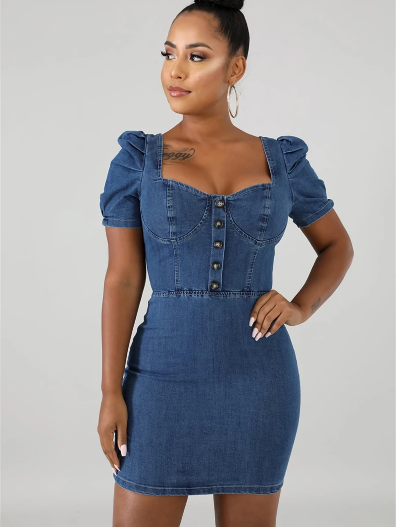 

Fashion Jean Dresses for Women Summer Y2K Clothes Puff Sleeve Square Collar Sheath Mini Dress Streetwear Denim Dress Robe Femme