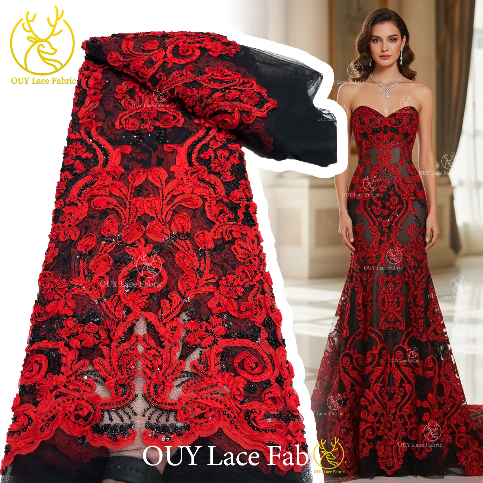 

3D African Beaded Lace Fabric Black Red Luxury High Quality French Sequins Mesh Tulle For Women Evening Dress DIY Sewing 5 Yards