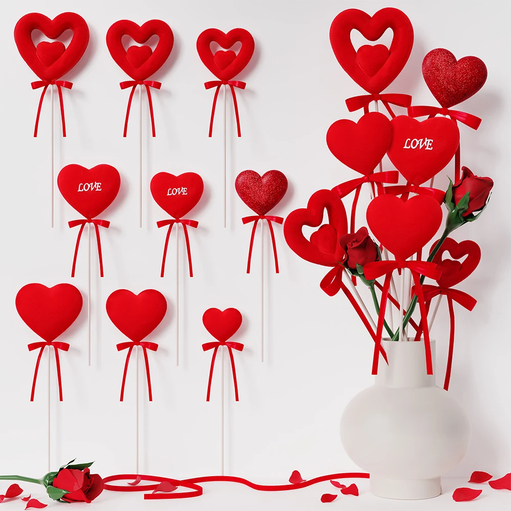 

6/12Pcs Valentine‘s Day Decoration Glitter Foam Red LOVE Heart Bouquet White Bear Sticks Branches Home Cuttings Wedding Supplies