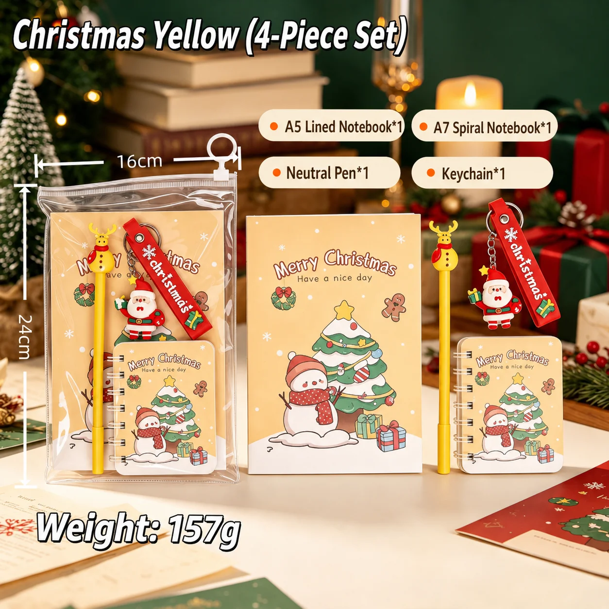 Christmas Stationery Set Transparent Christmas Themed Keychain 4 Piece Stationery Set Creative PVC Zipper Bag For Christmas Gift