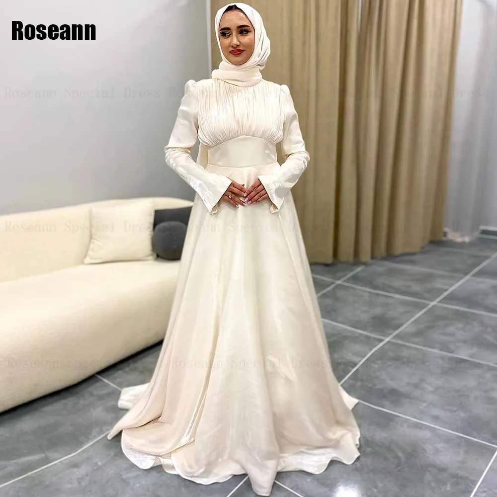 

Muslim 2024 New Simple High Collar A-line Wedding Dresses Belt Full Ruffle Draped Pleat Floor Length Bride Dress robe de mariée