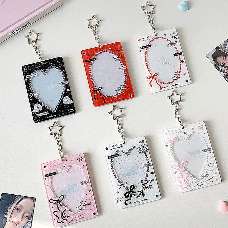 Heart Bow Photocard Holder with Star Keychain Cute Lace Frame ID Card Cover Kpop Photocard Sleeve Bag Pendant Gift for Fans Girl