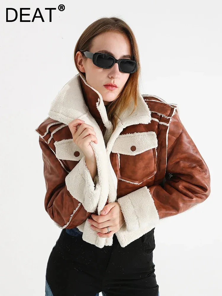 

DEAT Fashion Women's Fur Integrated Jackets Double Layered Collar Zipper Loose Thick Warm Short Coat Winter 2024 New 7AB306