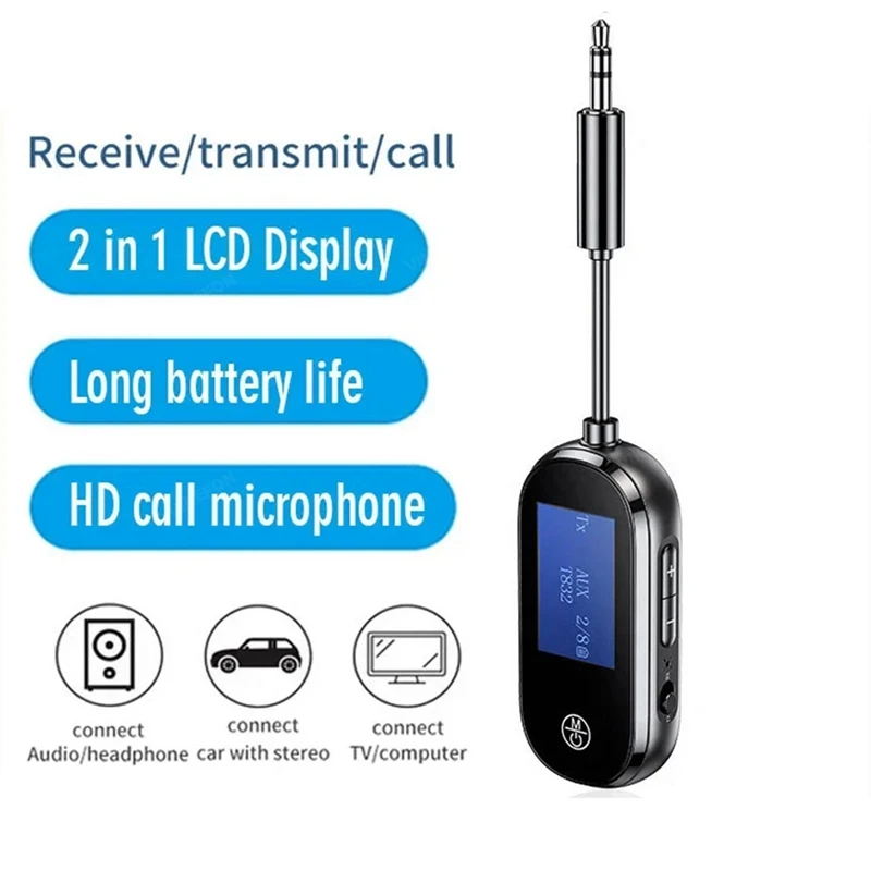 Bluetooth 5.3 Transmitter Receiver 3.5Mm AUX Jack Wireless Adapter Screen Stereo For TV PC Headphone Car Music