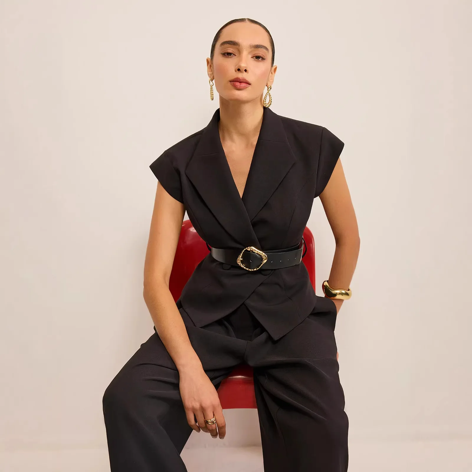 

Cross-Border 2026 European American Spring/Summer New Women's Fashion Solid Color Blazer Collar Buon Top And Wide-Leg Pans