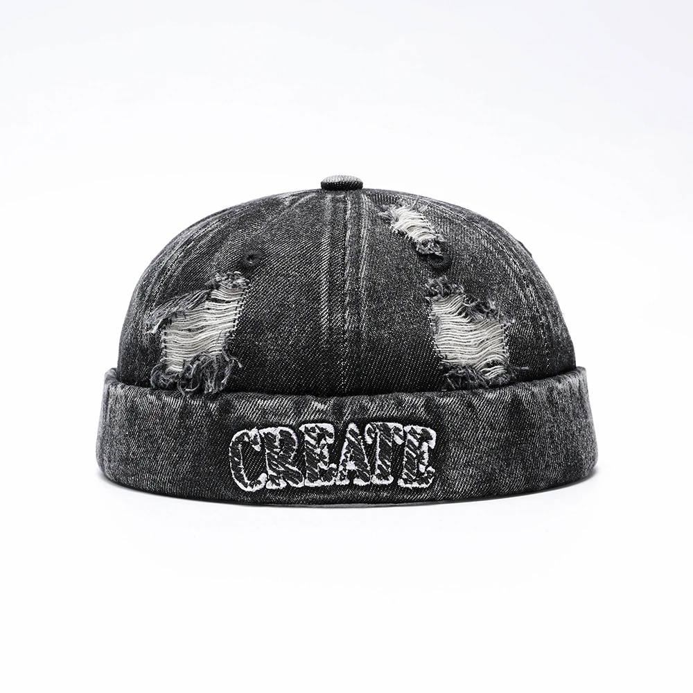 Bocca Retro Denim Docker Cap Splicing Style Brimless Caps Without Visor Leopard Beanie Hat Hats Adjustable Street Cool Vintage