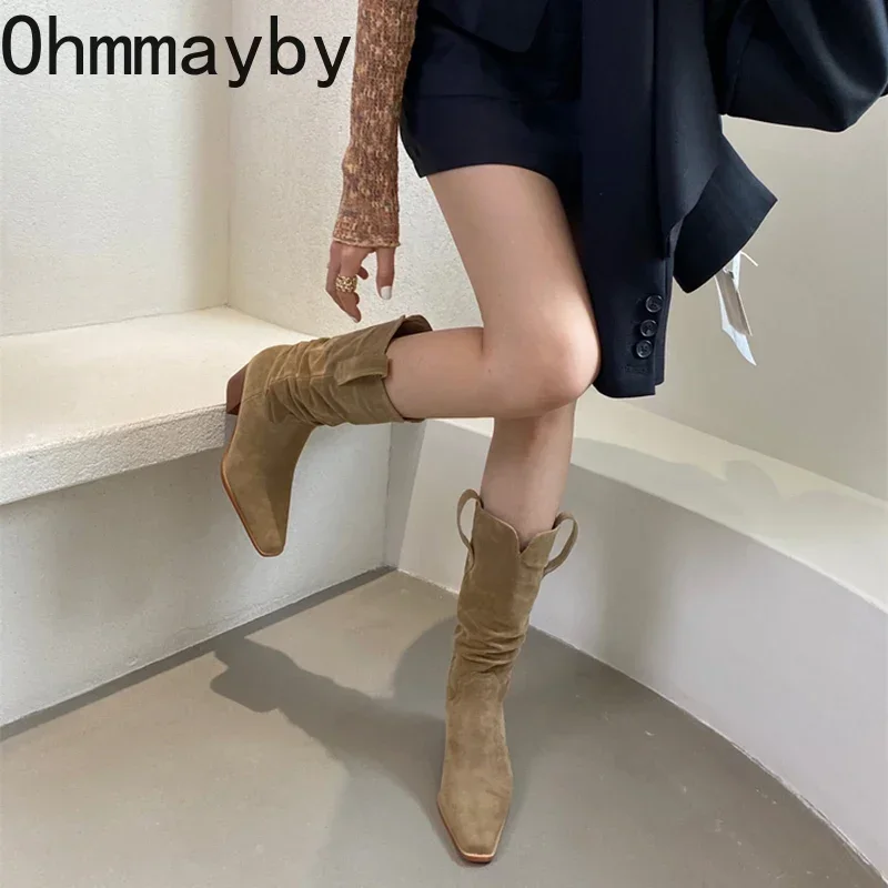 Vintage Suede Women Western Cowgirl Boots Fashion Slip On Shoes Autumn Winter Thick Heel Ladies Mid Calf Booties